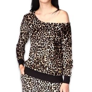 Michael Kors Top Velour Long Sleeves Cheetah Print Black/Brown Women's XXS NWT